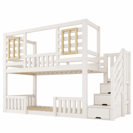 Cama alta infantil 90x200 cm - estilo cabana com janelas de madeira e armário em forma de escada, 2 camas, com base de colchão, EN 747, sem colchão - Branco