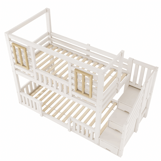 Cama alta infantil 90x200 cm - estilo cabana com janelas de madeira e armário em forma de escada, 2 camas, com base de colchão, EN 747, sem colchão - Branco