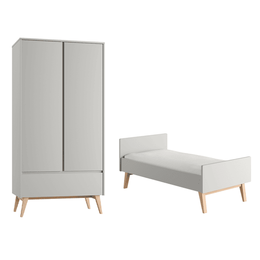 Berço evolutivo 70x140 e roupeiro 2 portas Pinio Swing Cinzento e madeira