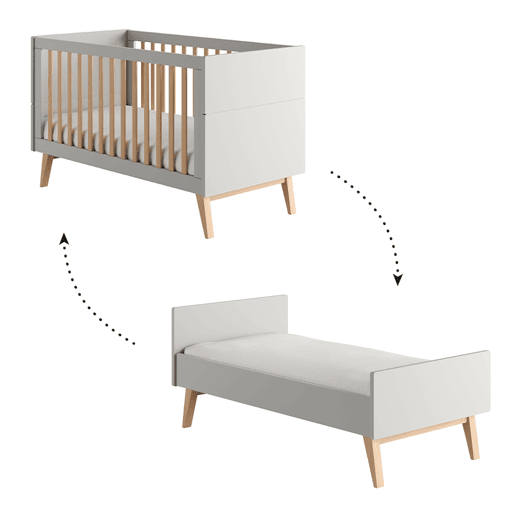 Berço evolutivo 70x140 e roupeiro 2 portas Pinio Swing Cinzento e madeira