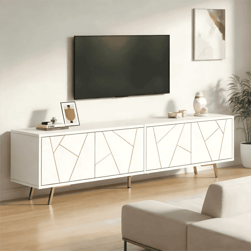 Móvel para TV 190x40x51,5 cm - com 4 portas, 6 pés metálicos, adequado para televisores de até 85 polegadas - branco e dourado