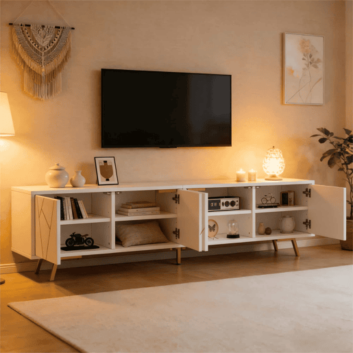 Móvel para TV 190x40x51,5 cm - com 4 portas, 6 pés metálicos, adequado para televisores de até 85 polegadas - branco e dourado