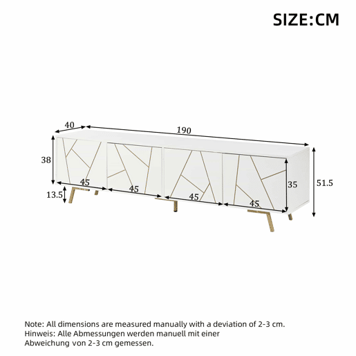 Móvel para TV 190x40x51,5 cm - com 4 portas, 6 pés metálicos, adequado para televisores de até 85 polegadas - branco e dourado
