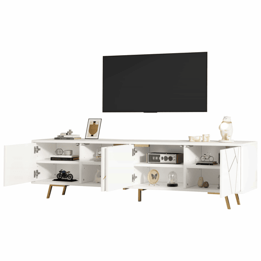 Móvel para TV 190x40x51,5 cm - com 4 portas, 6 pés metálicos, adequado para televisores de até 85 polegadas - branco e dourado