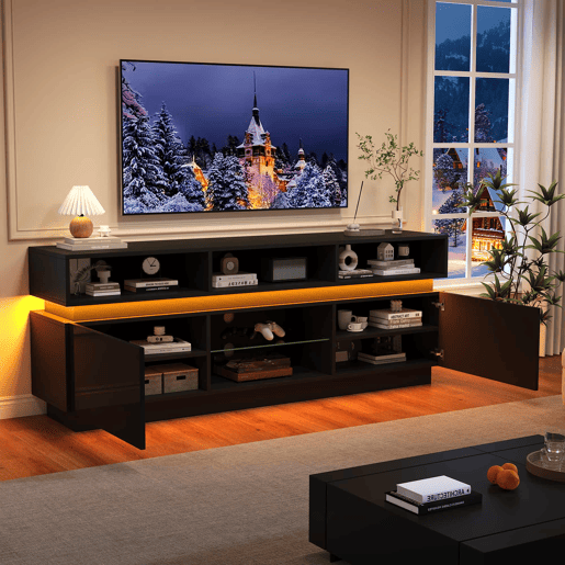Móvel de TV tipo lowboard 160 x 35 x 60 cm - suporte para TV de ecrã plano com prateleira em vidro temperado, acabamento de alto brilho, iluminação LED, MDF, adequado para TVs de 60 polegadas - preto