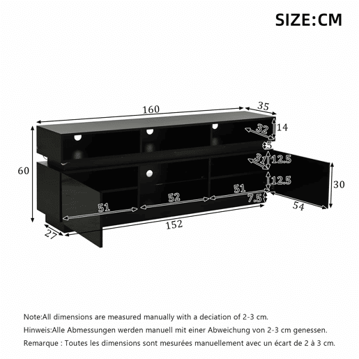 Móvel de TV tipo lowboard 160 x 35 x 60 cm - suporte para TV de ecrã plano com prateleira em vidro temperado, acabamento de alto brilho, iluminação LED, MDF, adequado para TVs de 60 polegadas - preto