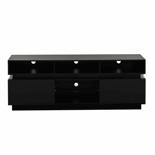 Móvel de TV tipo lowboard 160 x 35 x 60 cm - suporte para TV de ecrã plano com prateleira em vidro temperado, acabamento de alto brilho, iluminação LED, MDF, adequado para TVs de 60 polegadas - preto