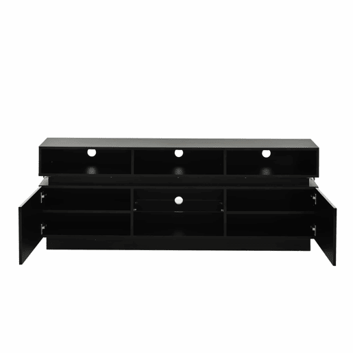 Móvel de TV tipo lowboard 160 x 35 x 60 cm - suporte para TV de ecrã plano com prateleira em vidro temperado, acabamento de alto brilho, iluminação LED, MDF, adequado para TVs de 60 polegadas - preto