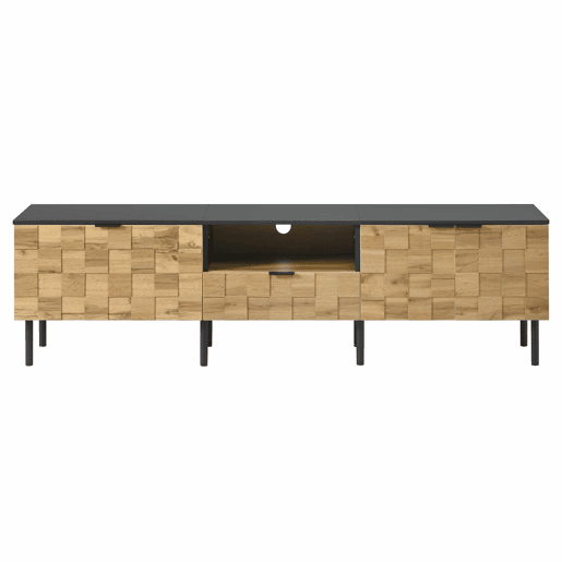 Móvel para televisão de 160 cm - 2 portas com gaveta, prateleira aberta, pés de metal, estilo madeira - Natural