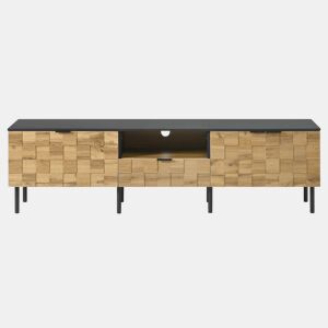 Móvel para televisão de 160 cm - 2 portas com gaveta, prateleira aberta, pés de metal, estilo madeira - Natural
