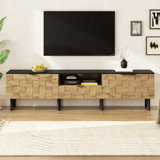 Móvel para televisão de 160 cm - 2 portas com gaveta, prateleira aberta, pés de metal, estilo madeira - Natural