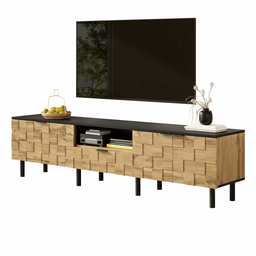 Móvel para televisão de 160 cm - 2 portas com gaveta, prateleira aberta, pés de metal, estilo madeira - Natural