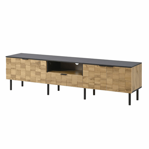Móvel para televisão de 160 cm - 2 portas com gaveta, prateleira aberta, pés de metal, estilo madeira - Natural