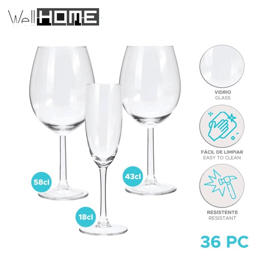 Conjunto Well Home com 36 taças de vinho e champanhe.