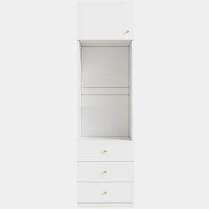 Armário alto com vitrina e estante de 50×40×180 cm - espaço aberto, gavetas, prateleiras de vidro com altura ajustável - branco