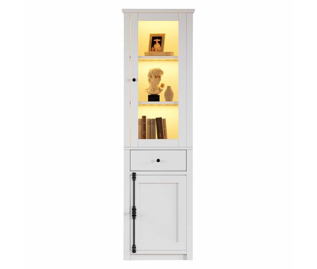 Armario vitrina alto 55×40×200 cm - con 1 cajón, 2 puertas, vitrina de vidrio con led, tiradores de metal y aleación de aluminio - blanco