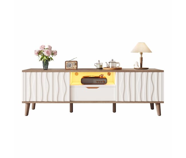 Mueble tv led 160x40x52 cm - con almacenaje, puerta corredera, para tv hasta 70", estilo moderno para salón y dormitorio - blanco y nogal oscuro