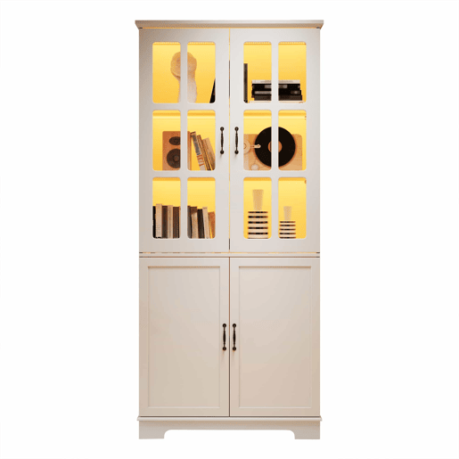 Armário vitrina alto 80 x 38 x 180 cm - com 2 portas de vidro e 2 portas opacas, 5 prateleiras, estilo rústico, estante multifuncional em aglomerado - branco