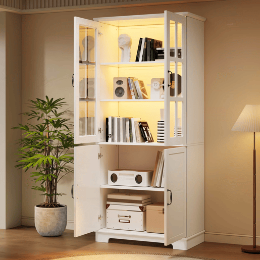 Armário vitrina alto 80 x 38 x 180 cm - com 2 portas de vidro e 2 portas opacas, 5 prateleiras, estilo rústico, estante multifuncional em aglomerado - branco