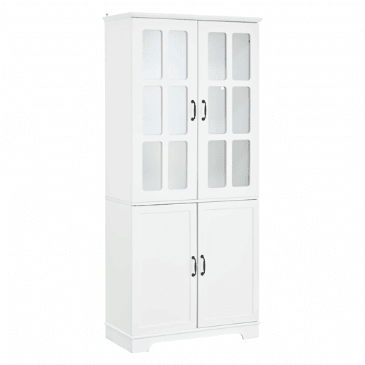 Armário vitrina alto 80 x 38 x 180 cm - com 2 portas de vidro e 2 portas opacas, 5 prateleiras, estilo rústico, estante multifuncional em aglomerado - branco