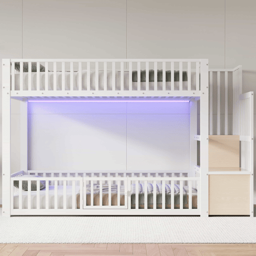 Beliche 90 x 200 cm u2013 com escada com espaço de arrumação e LED u2013 branco Beliche 90 x 200 cm u2013 com escada com espaço de arrumação e LED u2013 branco