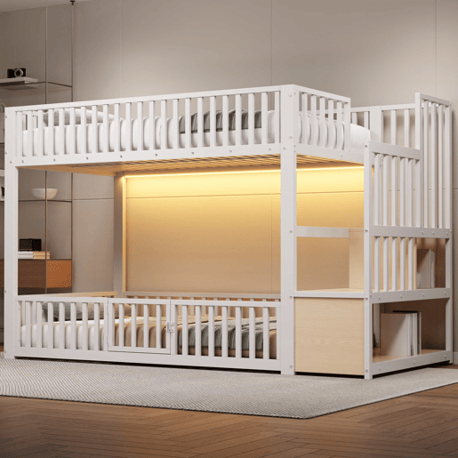 Beliche 90 x 200 cm u2013 com escada com espaço de arrumação e LED u2013 branco Beliche 90 x 200 cm u2013 com escada com espaço de arrumação e LED u2013 branco