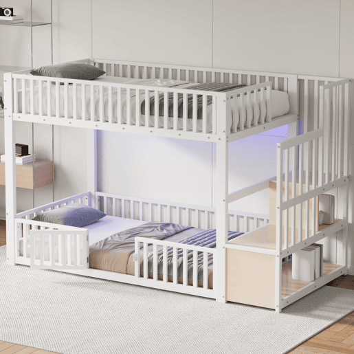 Beliche 90 x 200 cm u2013 com escada com espaço de arrumação e LED u2013 branco Beliche 90 x 200 cm u2013 com escada com espaço de arrumação e LED u2013 branco