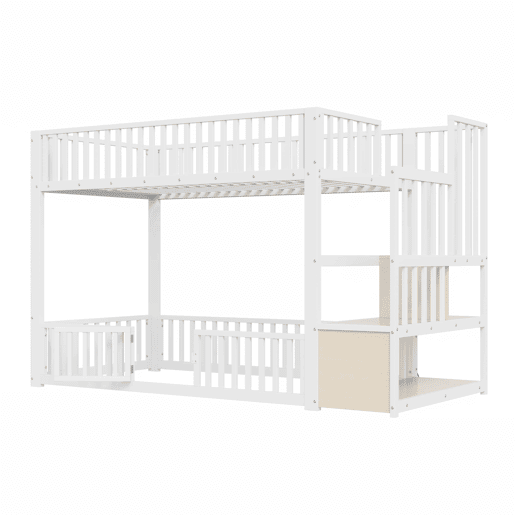 Beliche 90 x 200 cm u2013 com escada com espaço de arrumação e LED u2013 branco Beliche 90 x 200 cm u2013 com escada com espaço de arrumação e LED u2013 branco