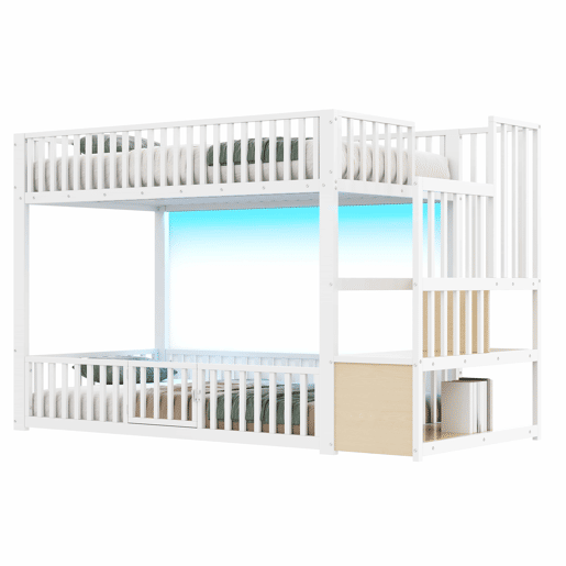 Beliche 90 x 200 cm u2013 com escada com espaço de arrumação e LED u2013 branco Beliche 90 x 200 cm u2013 com escada com espaço de arrumação e LED u2013 branco