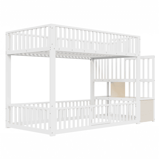 Beliche 90 x 200 cm u2013 com escada com espaço de arrumação e LED u2013 branco Beliche 90 x 200 cm u2013 com escada com espaço de arrumação e LED u2013 branco