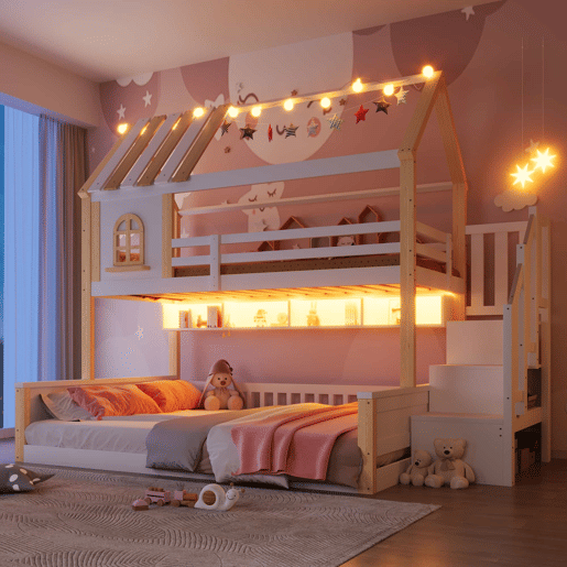 Beliche 90x200cm+140x200cm - Com LED, Design de casa com janela, Prateleiras abertas, Escada de armazenamento, Sem colchão - Branco+Natural
