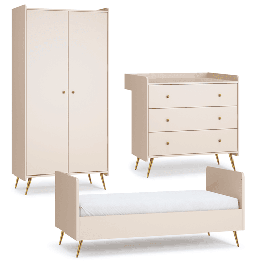 Quarto completo Berço evolutivo 70x140 cómoda trocador roupeiro 2 portas Vox Lunea Caxemira