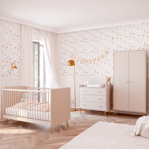 Quarto completo Berço evolutivo 70x140 cómoda trocador roupeiro 2 portas Vox Lunea Caxemira