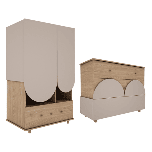 Cómoda 3 gavetas e roupeiro 2 portas 1 gaveta Wood Luck Bloom Cachemira e Madeira