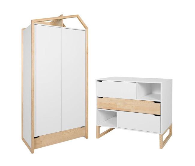 Cómoda 3 cajones y armario 2 puertas Bellamy Juliette Blanco y madera