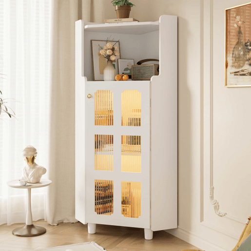 Armário de canto 63,5 x 124 cm - superfície lacada com iluminação LED e controlo por aplicação, design moderno e multifuncional - branco Armário de canto 63,5 x 124 cm - superfície lacada com iluminação LED e controlo por aplicação, design moderno e multifuncional - branco