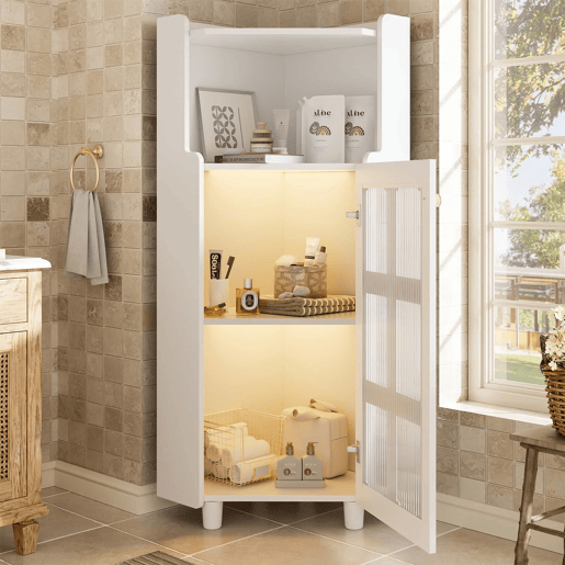 Armário de canto 63,5 x 124 cm - superfície lacada com iluminação LED e controlo por aplicação, design moderno e multifuncional - branco Armário de canto 63,5 x 124 cm - superfície lacada com iluminação LED e controlo por aplicação, design moderno e multifuncional - branco
