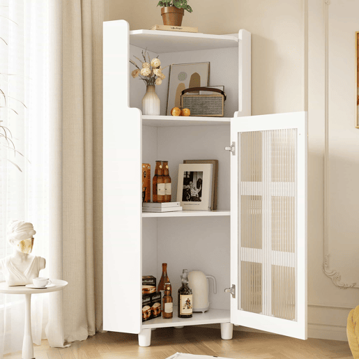 Armário de canto 63,5 x 124 cm - superfície lacada com iluminação LED e controlo por aplicação, design moderno e multifuncional - branco Armário de canto 63,5 x 124 cm - superfície lacada com iluminação LED e controlo por aplicação, design moderno e multifuncional - branco