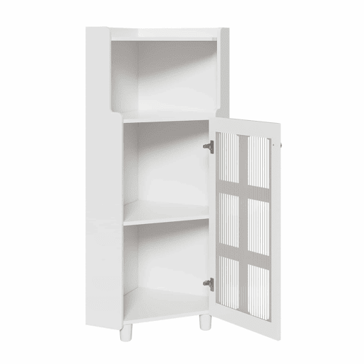 Armário de canto 63,5 x 124 cm - superfície lacada com iluminação LED e controlo por aplicação, design moderno e multifuncional - branco Armário de canto 63,5 x 124 cm - superfície lacada com iluminação LED e controlo por aplicação, design moderno e multifuncional - branco