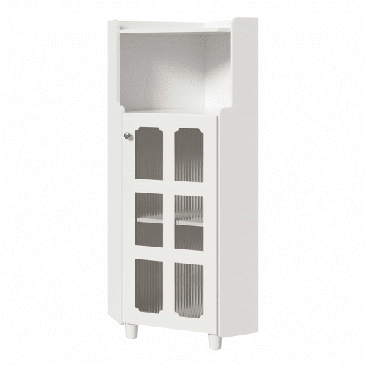Armário de canto 63,5 x 124 cm - superfície lacada com iluminação LED e controlo por aplicação, design moderno e multifuncional - branco Armário de canto 63,5 x 124 cm - superfície lacada com iluminação LED e controlo por aplicação, design moderno e multifuncional - branco