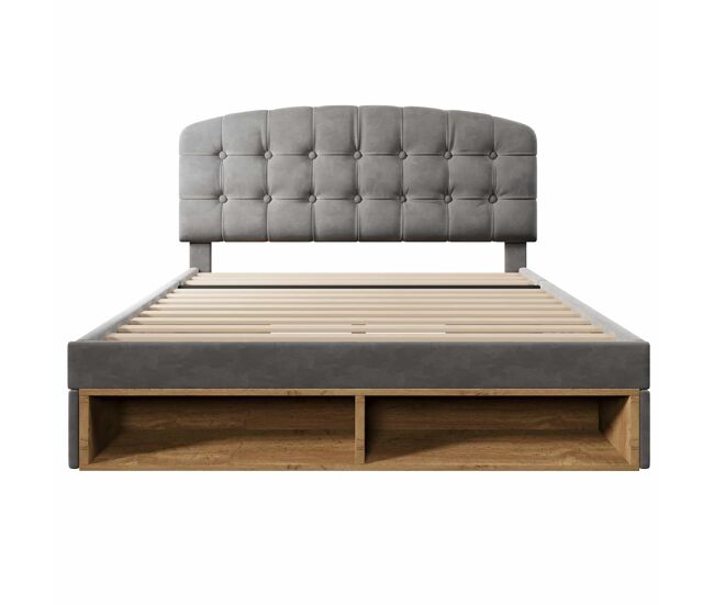 Cama doble 140x190 - tapizada en terciopelo, cabecero ajustable, con cajones y almacenamiento - gris