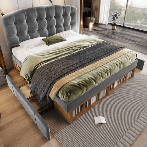 Cama de casal 140x190 - estofada em veludo, cabeceira ajustável, com gavetas e espaço de arrumação - cinzenta
