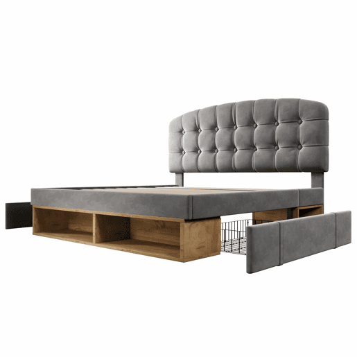 Cama de casal 140x190 - estofada em veludo, cabeceira ajustável, com gavetas e espaço de arrumação - cinzenta
