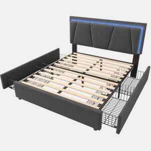 Cama estofada 160x200 cm - LED, 4 gavetas, cabeceira ajustável, base de madeira - Cinza