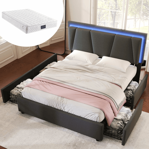 Cama estofada 160x200 cm - LED, 4 gavetas, cabeceira ajustável, base de madeira - Cinza