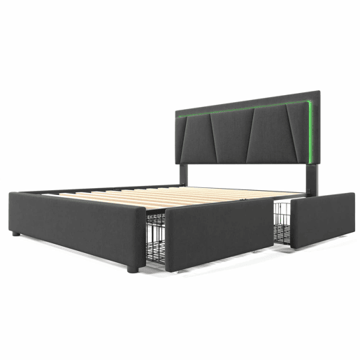 Cama estofada 160x200 cm - LED, 4 gavetas, cabeceira ajustável, base de madeira - Cinza