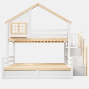 Cama alta 90x200 cm e 140x200 cm - Sistema hidráulico, com grade de proteção, escada com espaço de arrumação, decoração de janela e casinha - Branco + Natural