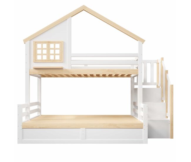 Cama alta 90x200 cm y 140x200 cm - hidráulica, con barandilla, escalera con almacenamiento, decoración de ventana y casa - blanco + natural