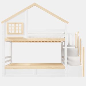 Cama de beliche, 90 x 200 cm - Sistema hidráulico, com grade de proteção, arrumação debaixo da cama, decoração com janela e casinha - Branco + Natural