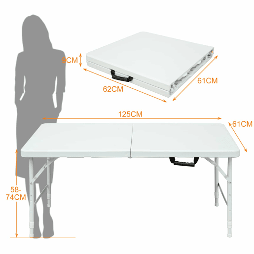 Mesa dobrável de 125 cm - resistente, multifuncional, com pega e altura ajustável - branca Mesa dobrável de 125 cm - resistente, multifuncional, com pega e altura ajustável - branca